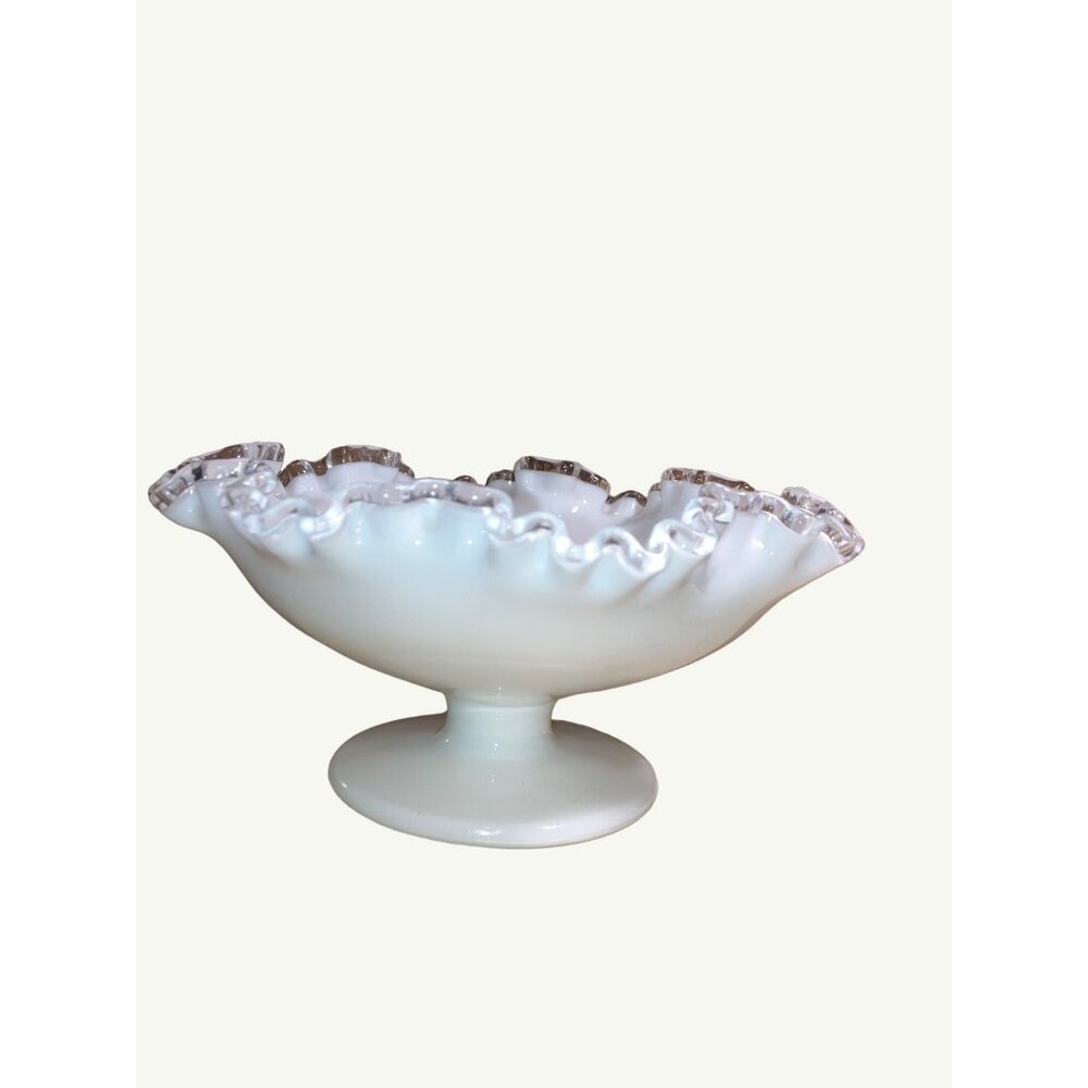 Vintage Fenton Milk Glass White Pedestal Clear Ruffled Edge Bowl